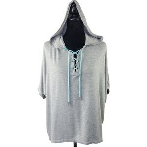 Tommy Hilfiger Sport gray hooded short sleeve oversized top lace up neck size M